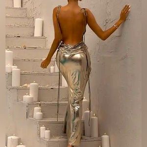 Backless Metallic Maxi Dress Fashion V-Neck Sleeveless Spaghetti Strap